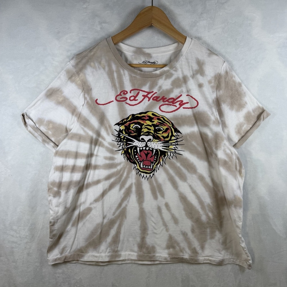 Ed Hardy Shirt Womens 3x White Tan Tie Dye Side Knot Rolled Sleeves Tiger Tattoo